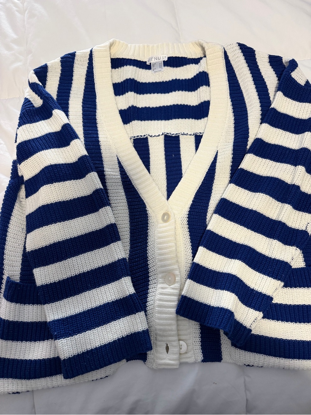 VENUS Navy and White Striped V-Neck Knit Cardigan